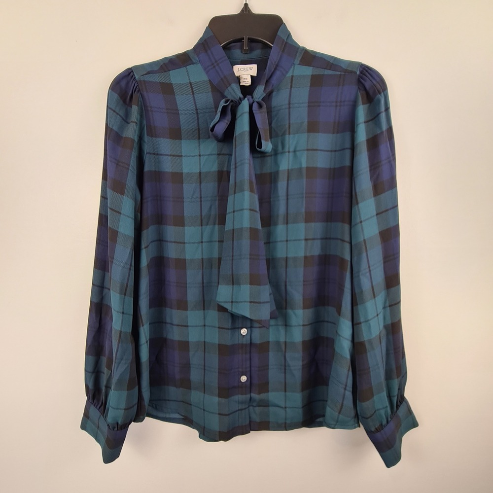J.Crew Womens XS Plaid Tie Neck‎ Blouse Navy Teal Green Tartan Button Down Top